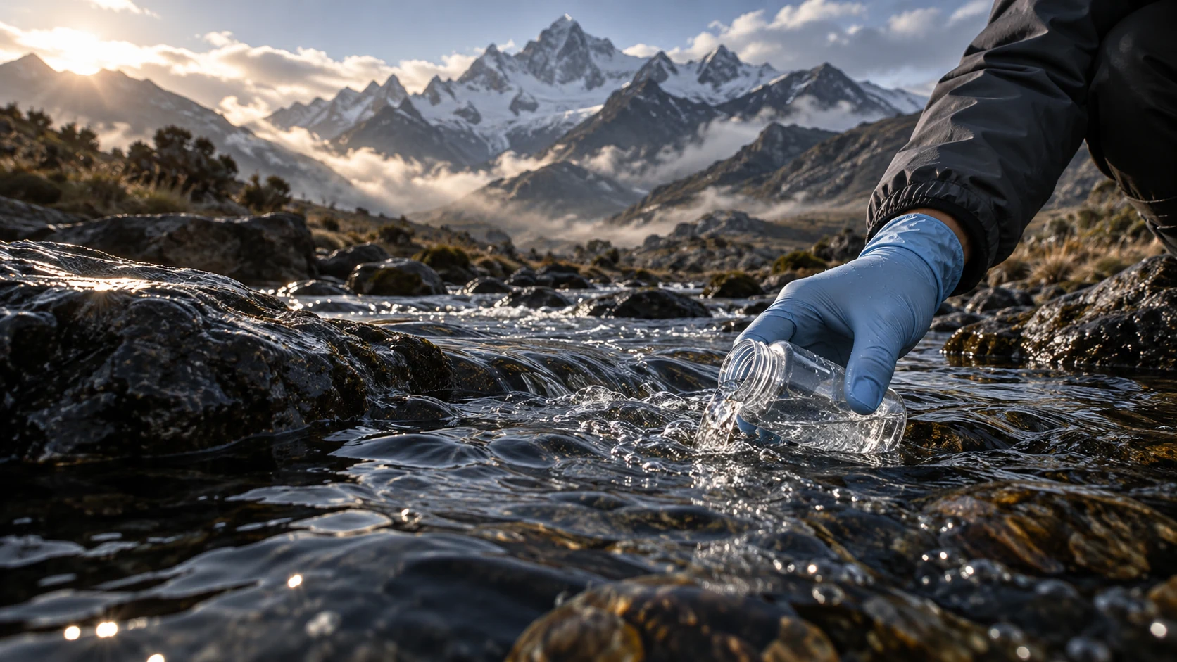 Toma de una muestra de agua en un río andino