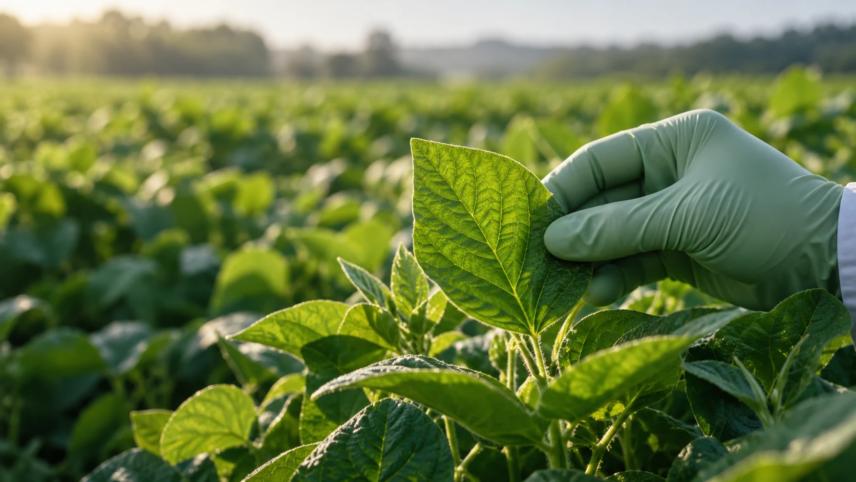 Examen de una hoja verde en un cultivo agrícola