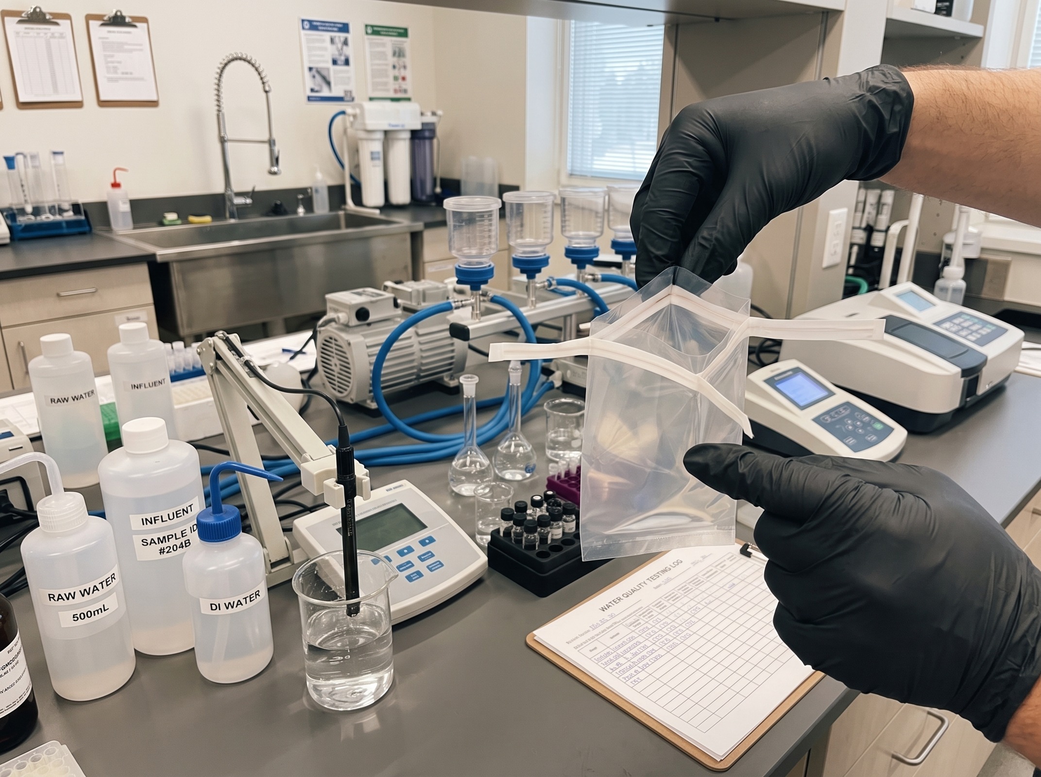 Manejo de una bolsa para muestras en un laboratorio de agua